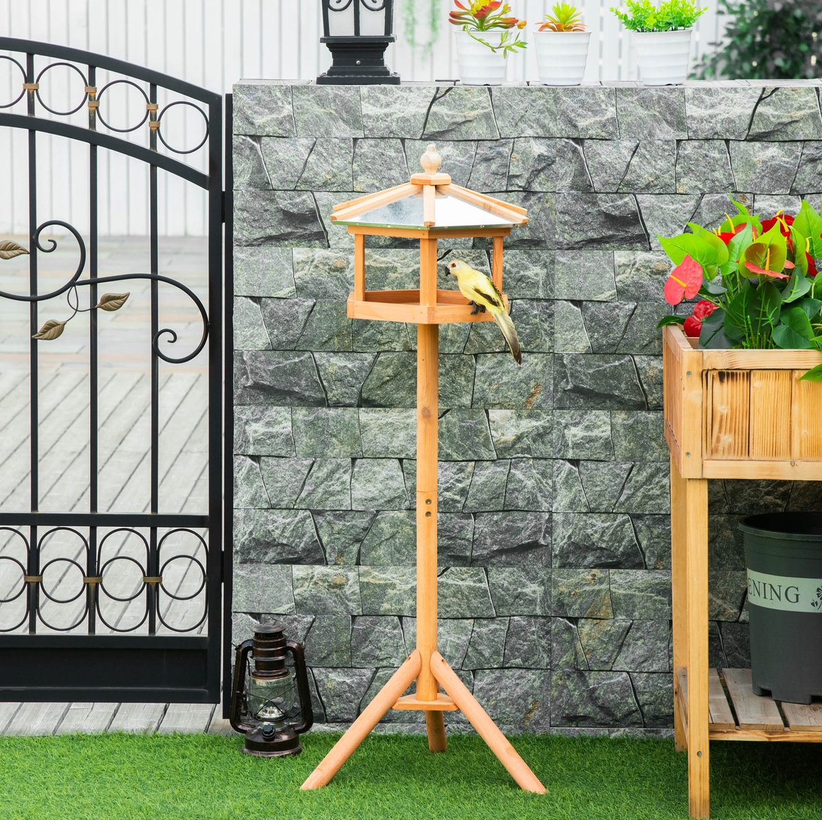 Vogelvoederhuisje Staand Met Zinkdach 113x40x40 Cm Hout Natuurlijk Voor Tuin En Terras Met Driepoot Standaard