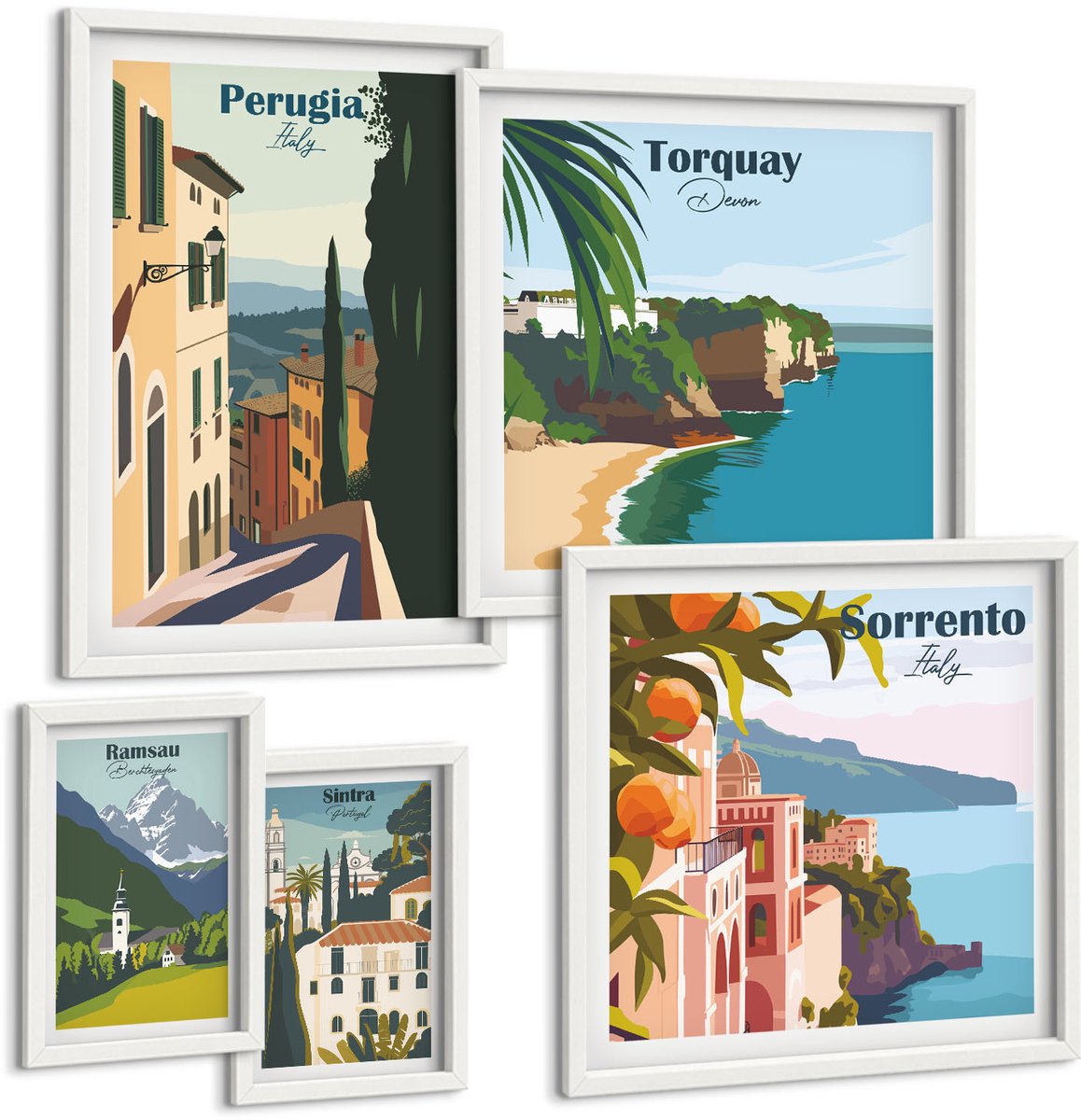 Tulup 4-Delige Schilderij Set - Uitzichten op pittoreske straatjes in Italiaanse steden - 50 x 50 cm, 20 x 30 cm en 40 x 60 cm - Wanddecoratie - Woonkamer Decoratie - Muurdecoratie