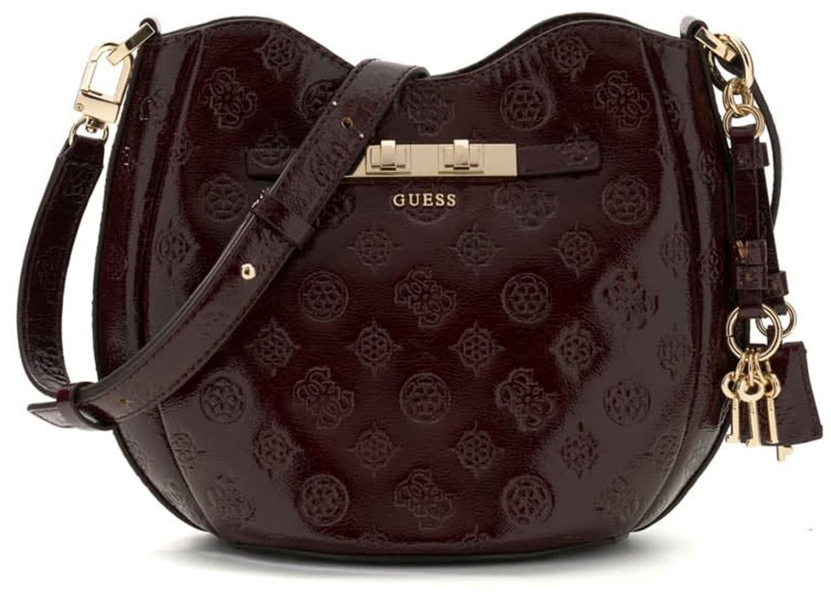 GUESS schoudertas Carmella Crossbody Bucket Bag Burgundy Logo donkerrood