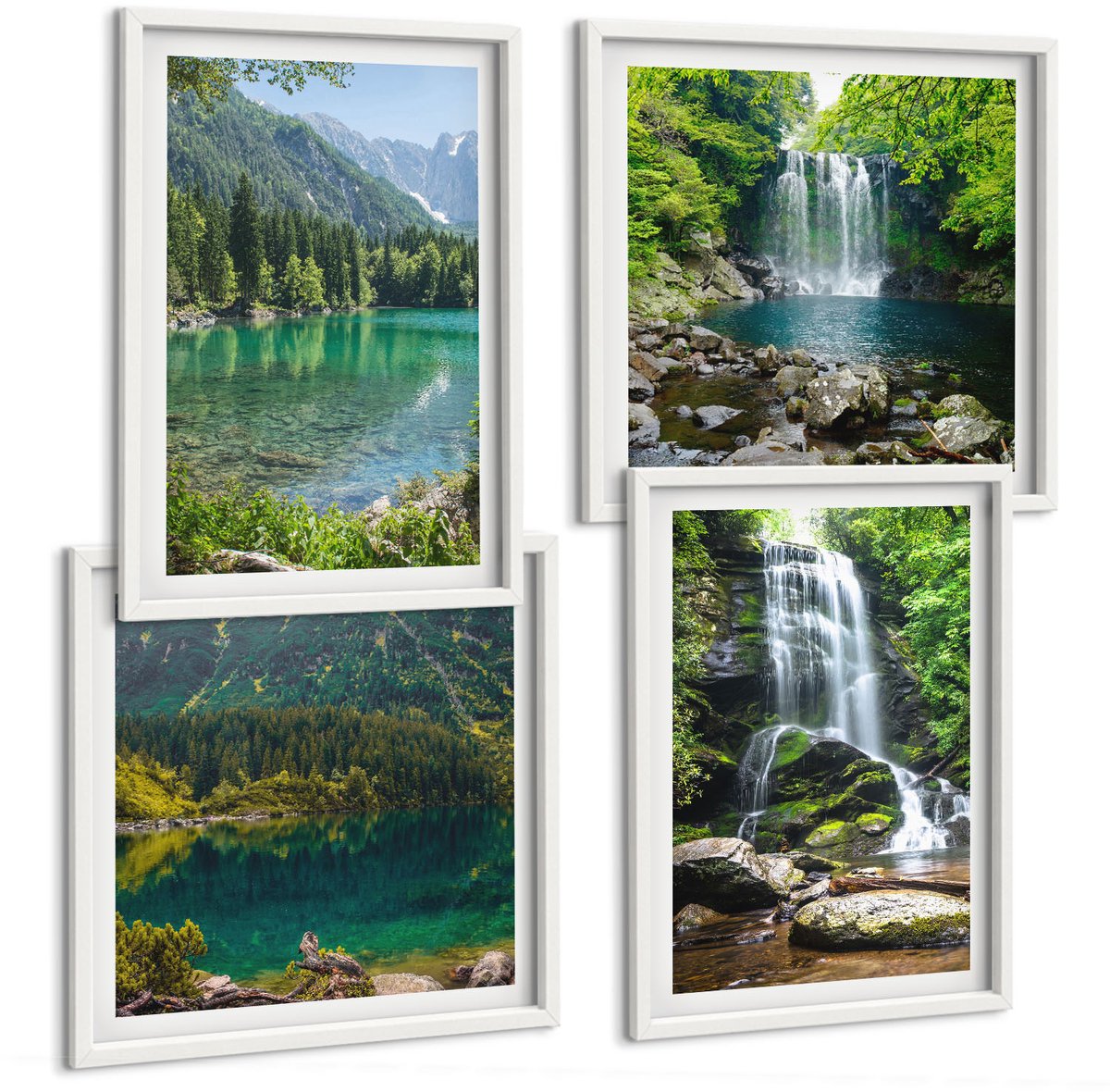 Tulup 4-Delige Schilderij Set - Watervallen in een groene omgeving met stenen en water. - 40x40 en 40x60 - Muurdecoratie - Wanddecoratie - Slaapkamer - Woonkamer Decoratie