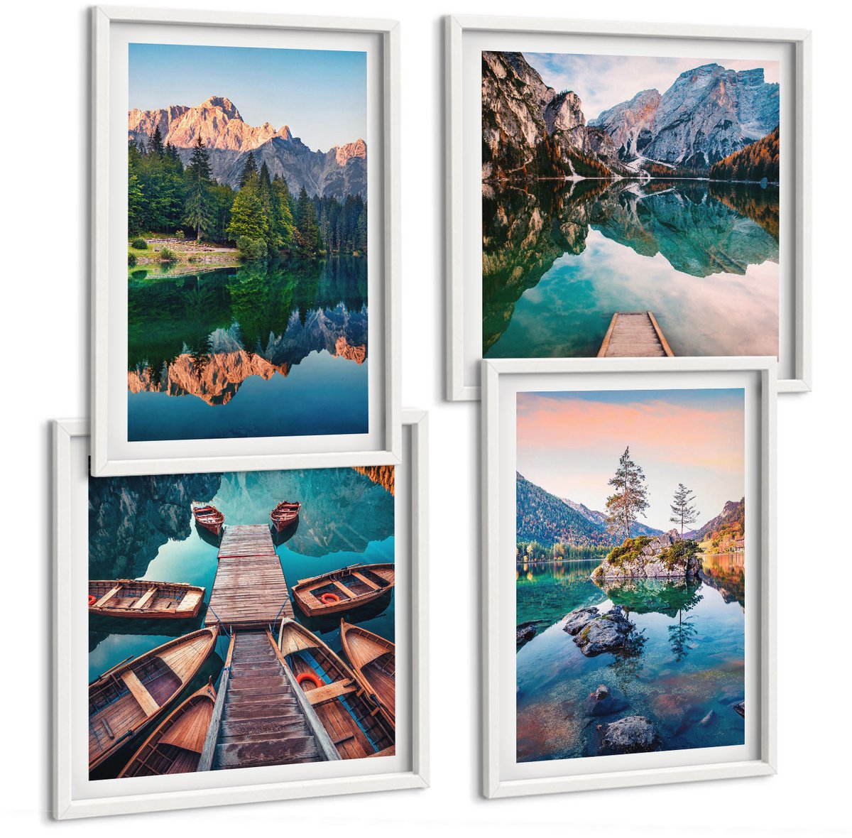 Tulup 4-Delige Schilderij Set - Bergmeren met weerspiegelingen in het water en het bos. - 40x40 en 40x60 - Wanddecoratie - Schilderijen Set - Interieur - Interieur Decoratie