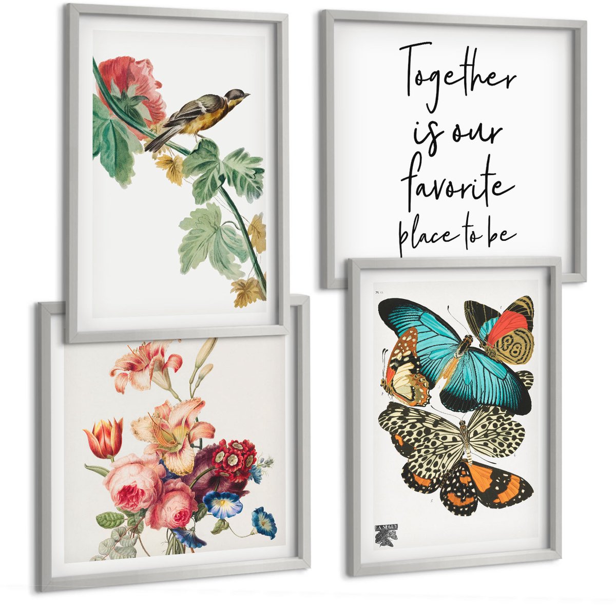 TULUP 4-Delige Schilderij Set - Bloemen, vlinders en vogels in pasteltinten - 40 x 40 cm en 40 x 60 cm - Muurdecoratie - Decoratieve Schilderijen - Wohnzimmer - Woonkamer Decoratie Zilveren lijst