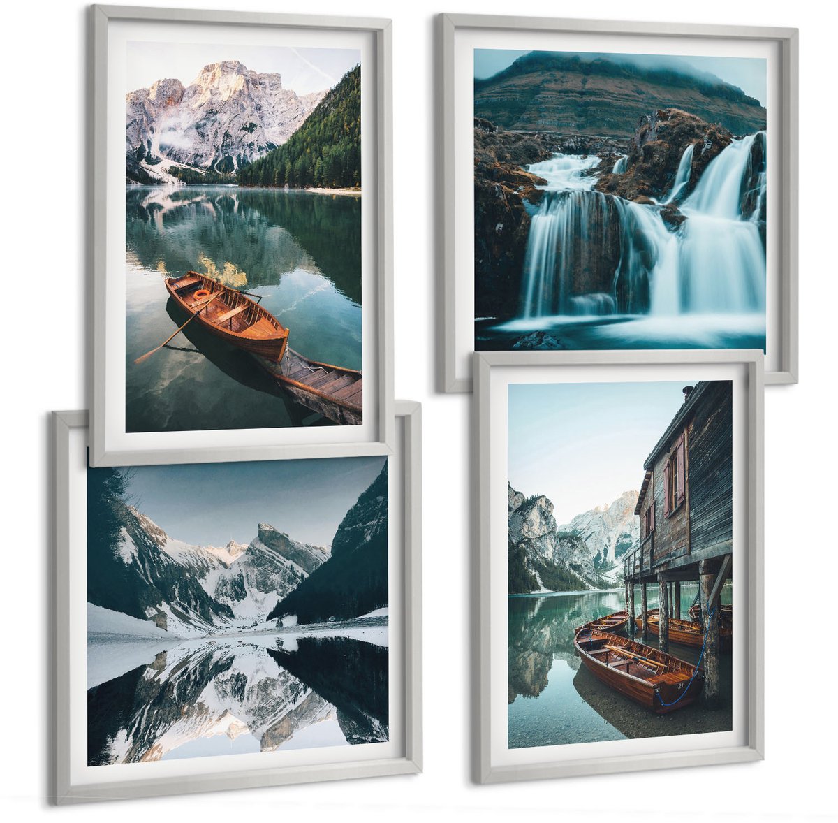 TULUP 4-Delige Schilderij Set - Bergmeren met boten en weerspiegelingen in het water. - 40 x 40 cm en 40 x 60 cm - Decoratieve Schilderijen - Woonkamer - Interieur - Moderne Wanddecoratie Zilveren lijst