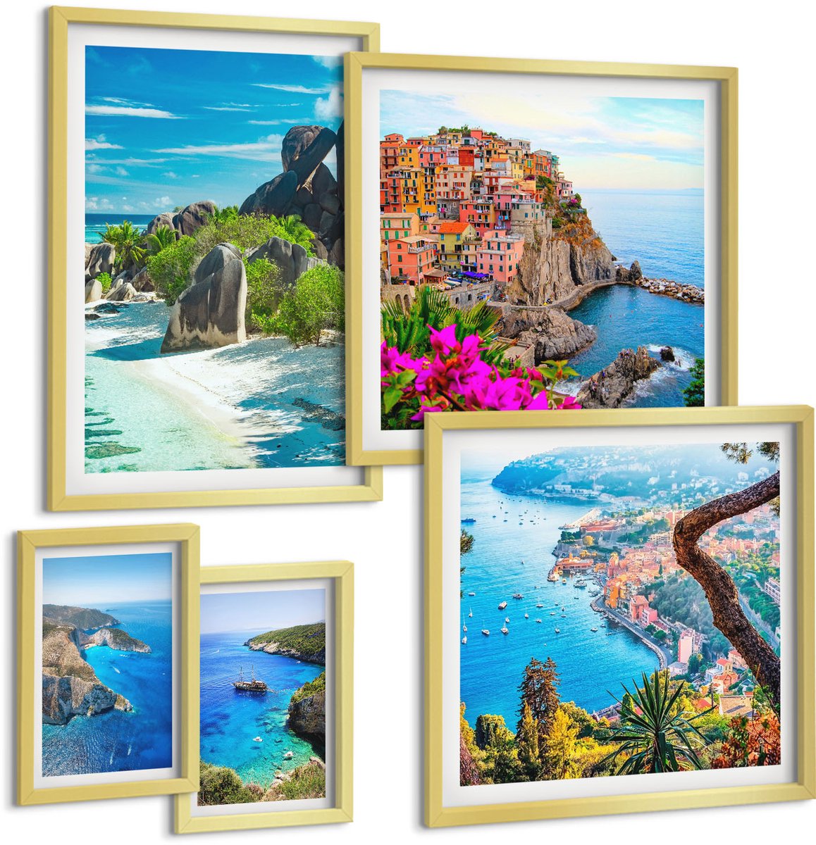 TULUP 5-Delige Schilderij Set - Kustlandschappen met pittoreske uitzichten op de zee - 50 x 50 cm, 20 x 30 cm en 40 x 60 cm - Muurdecoratie - Wanddecoratie - Hal - Decoratieve Schilderijen Gouden lijst