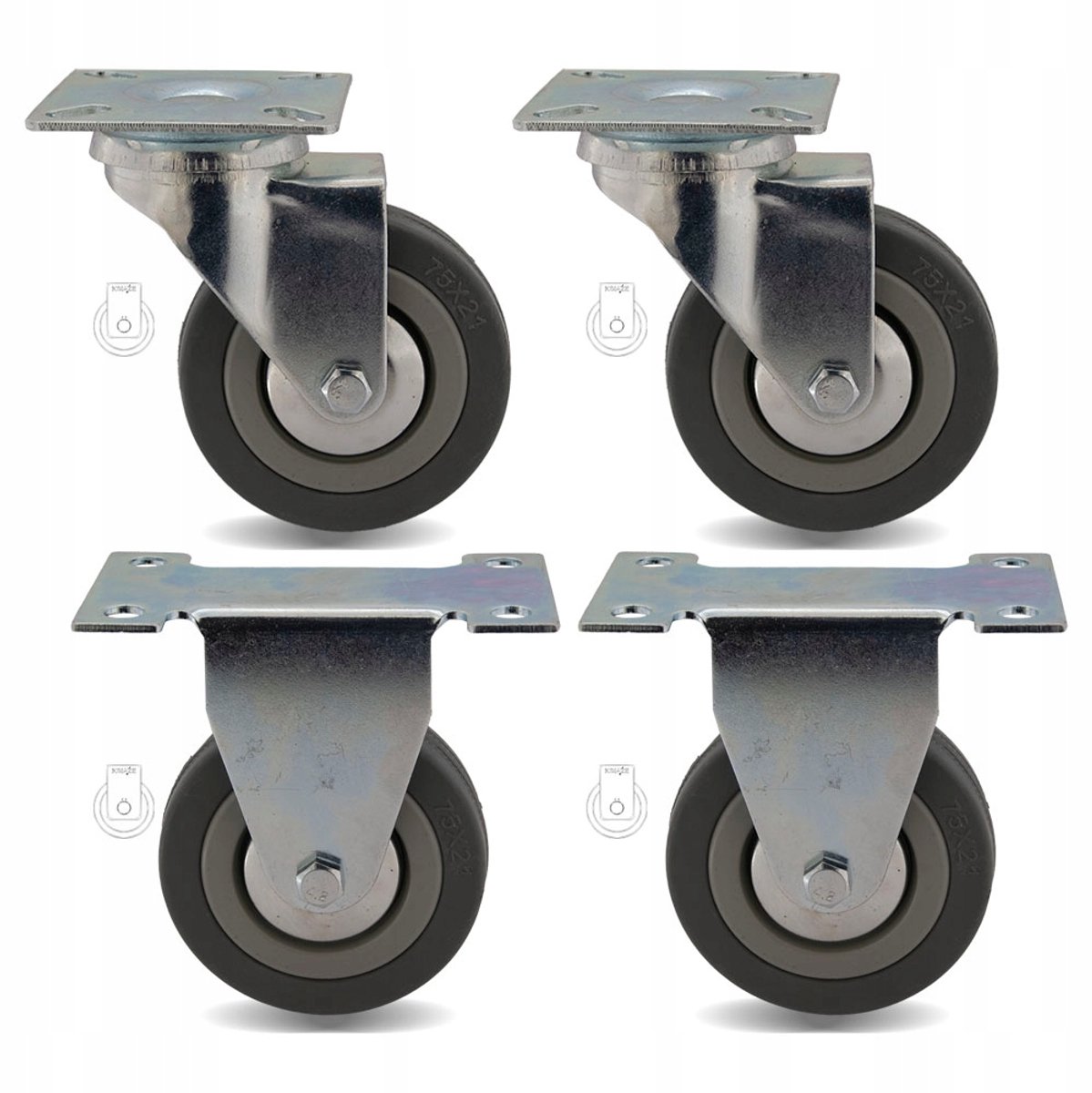 Set van 4 Zwenkwielen 75mm met Rubberband en Rem