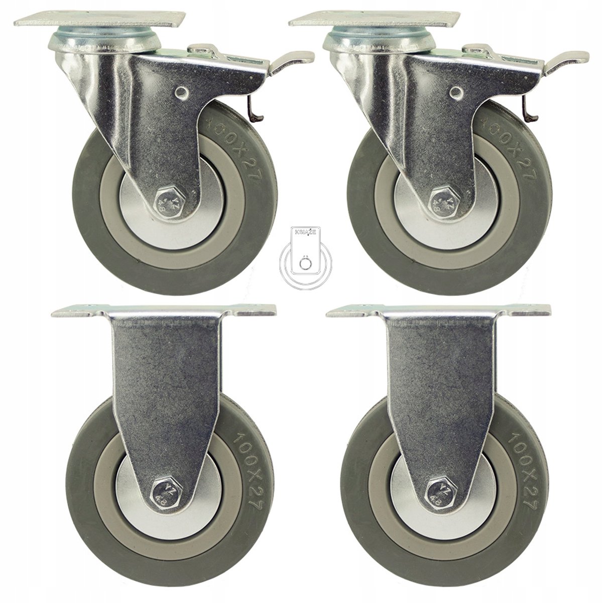 4x Zwenkwielen 100mm Rubber PP met Plaat - Zwaar Belastbaar