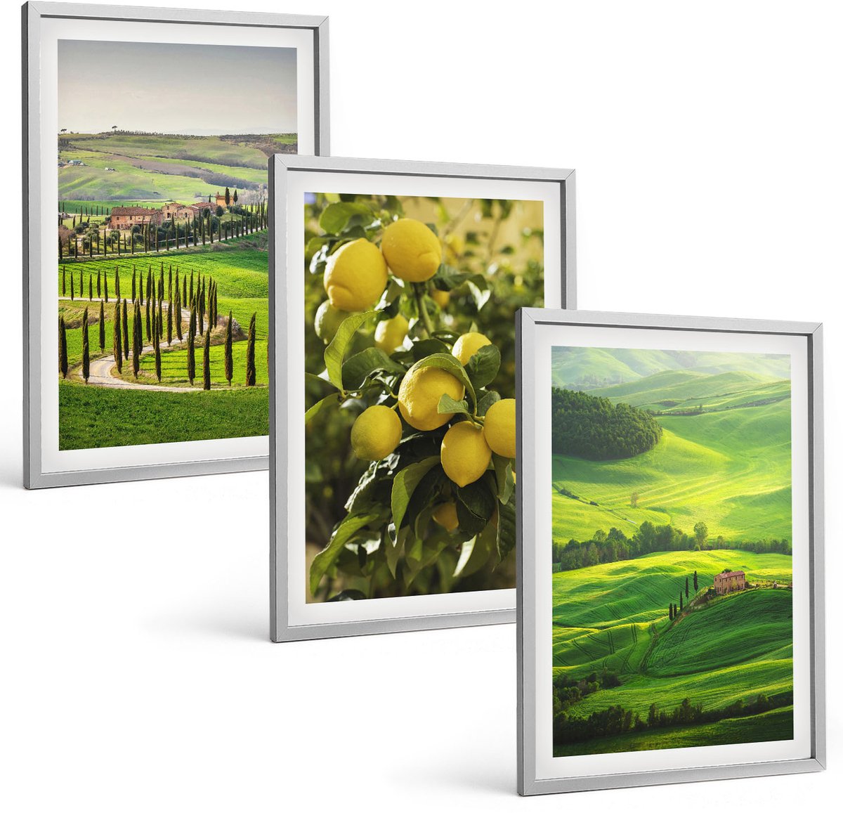 TULUP 4-Delige Schilderij Set - Italiaanse landschappen met citrusbomen en groene heuvels - 40 x 60 cm - Stijlvolle Muurdecoratie - Slaapkamer - Woonkamer Decoratie Zilveren lijst