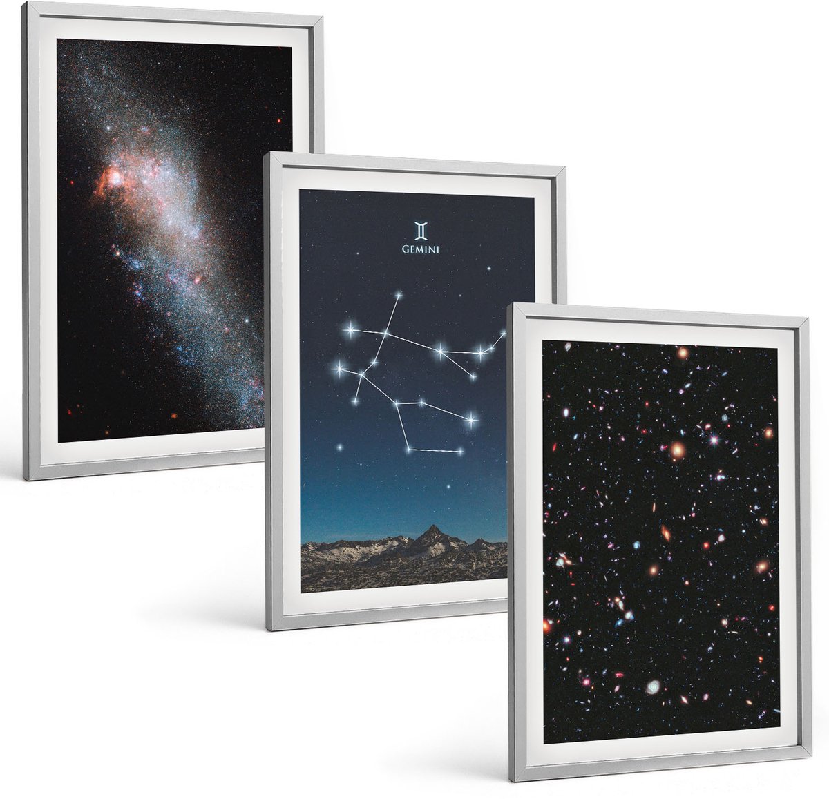 TULUP 4-Delige Schilderij Set - Sterrenbeeld Tweelingen (Gemini) Melkwegstelsel Ruimte Sterren - 40 x 60 cm - Schilderijen Set - Wanddecoratie - Woonkamer - Moderne Wanddecoratie Zilveren lijst