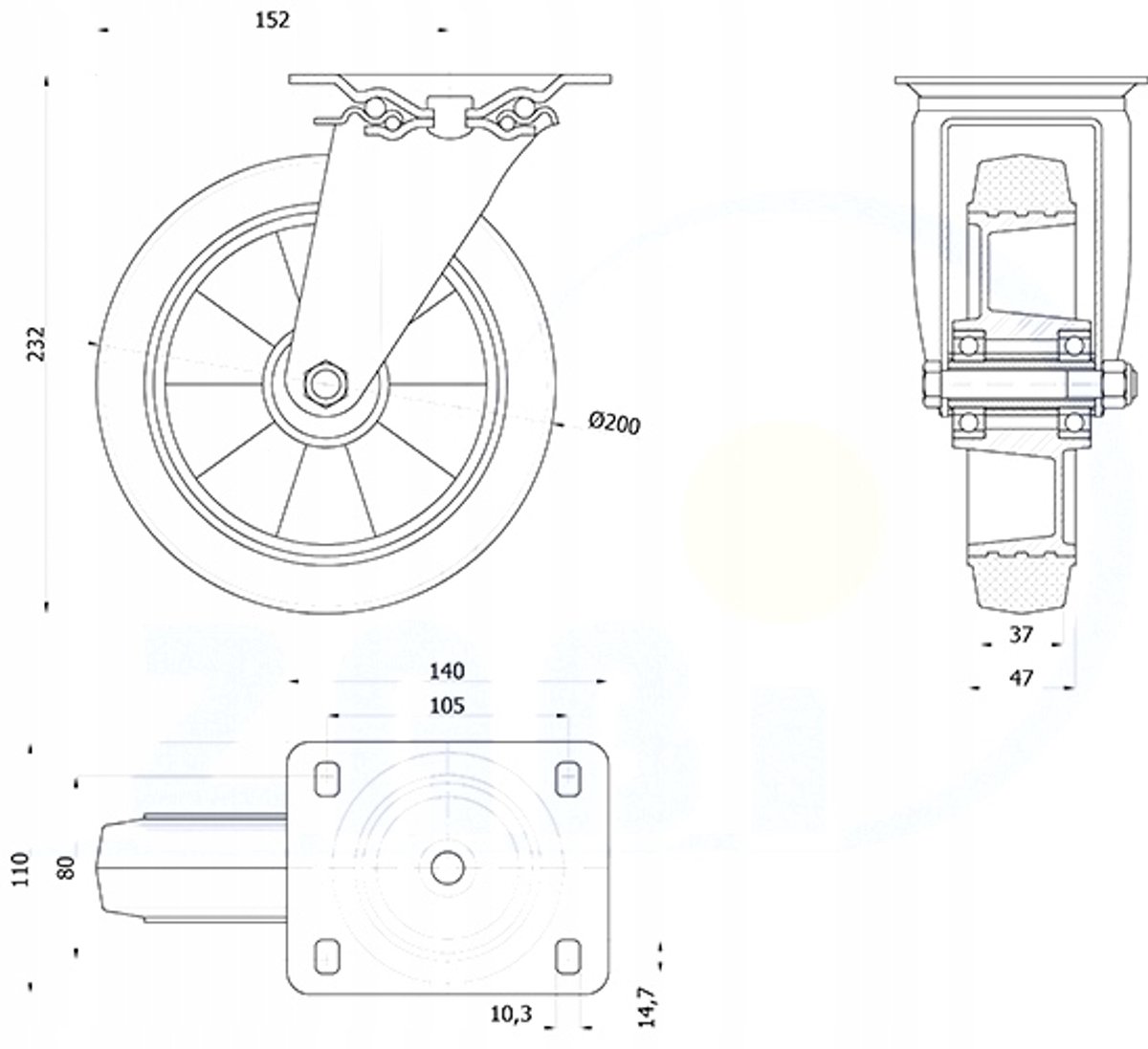 Zwenkbaar aluminium rubberen wiel 200 mm, trekvermogen 250 kg