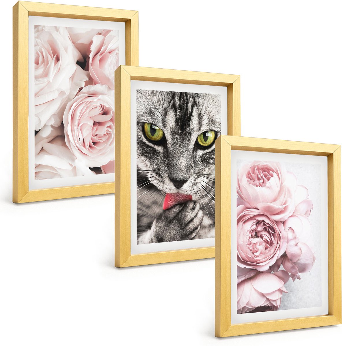 TULUP 4-Delige Schilderij Set - Kat tussen roze rozen en pioenrozen - 20 x 30 cm - Stijlvolle Muurdecoratie - Slaapkamer - Woonkamer Decoratie Gouden lijst