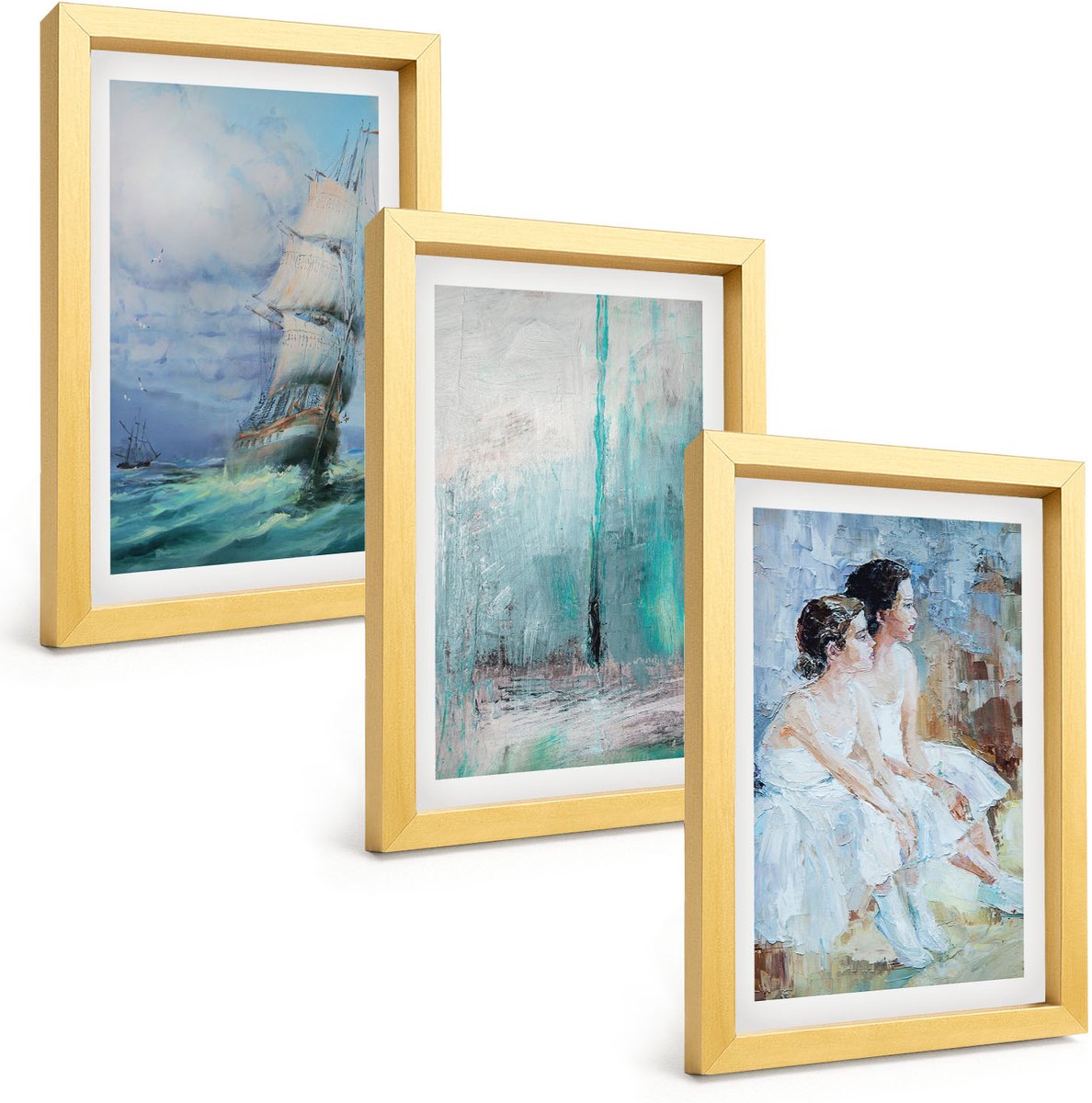 TULUP 4-Delige Schilderij Set - Schip op zee: abstract portret van dansers - 20 x 30 cm - Muurdecoratie - Wanddecoratie - Hal - Interieur Decoratie Gouden lijst
