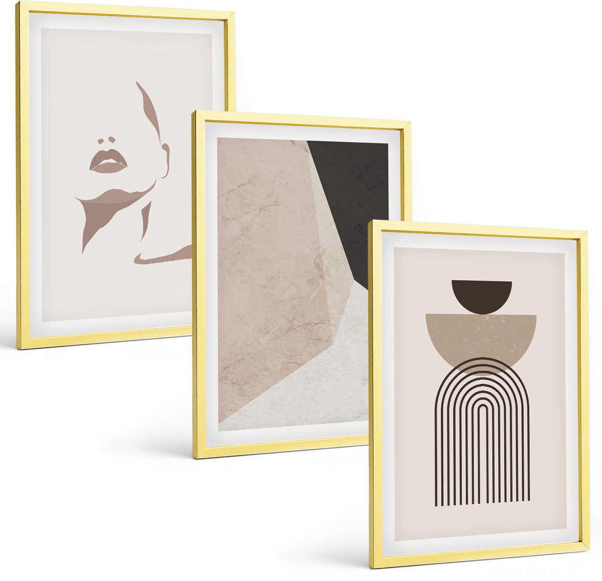 TULUP 4-Delige Schilderij Set - Abstracte geometrische vormen en een vrouwengezicht - 40 x 60 cm - Decoratieve Schilderijen - Wanddecoratie - Hal - Interieur Decoratie Gouden lijst