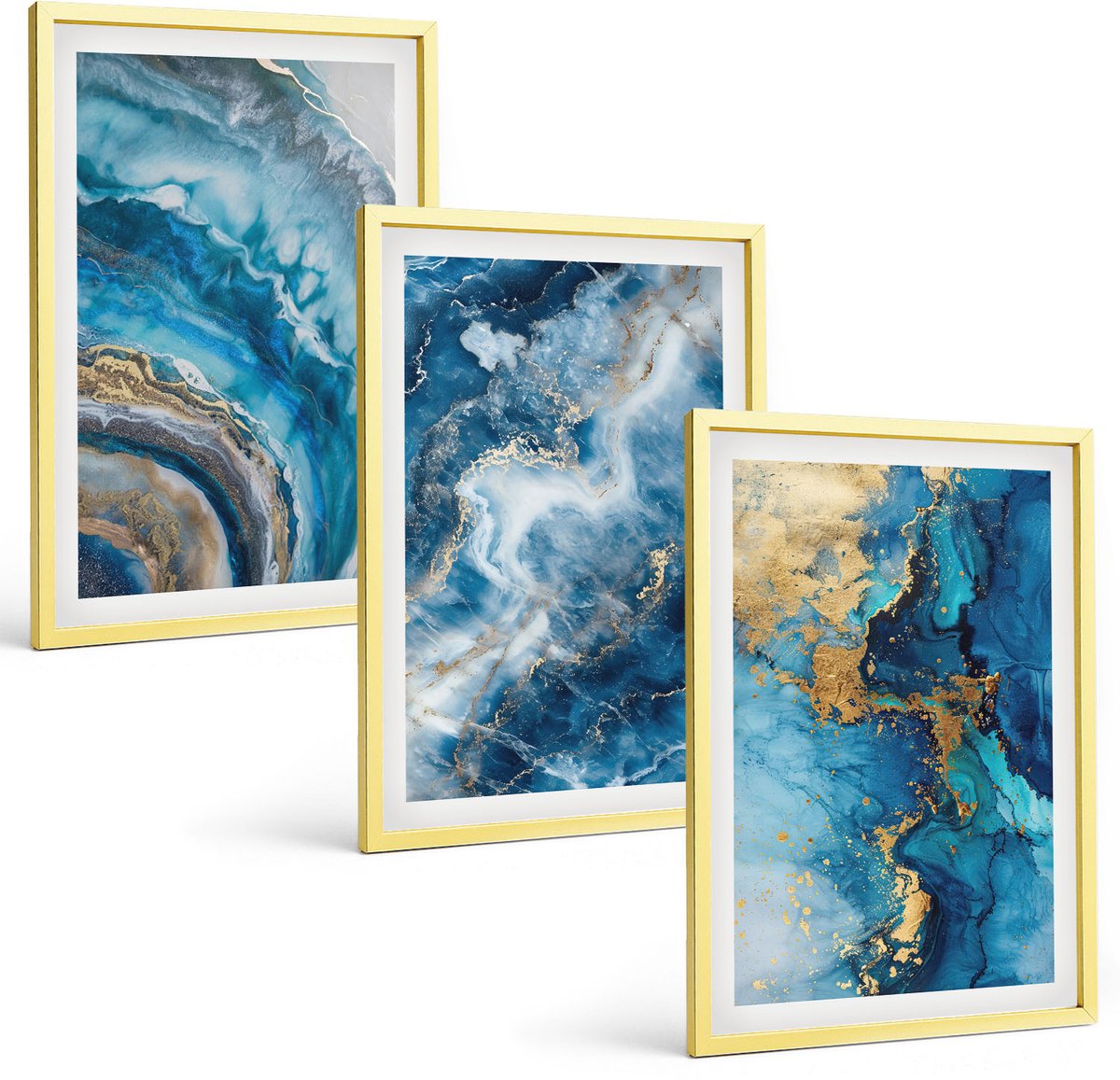 TULUP 4-Delige Schilderij Set - Blauwe abstracte patronen - 40 x 60 cm - Wanddecoratie - Muurdecoratie - Moderne Interieurdecoratie - Moderne Wanddecoratie Gouden lijst