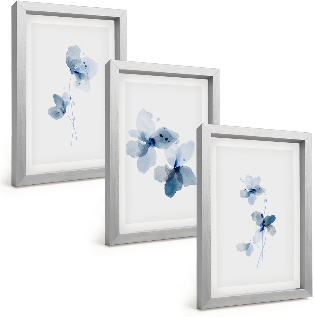 Tulup 4-Delige Schilderij Set - Bloemen in verschillende blauwtinten op een lichte achtergrond - 20 x 30 cm - Decoratieve Muurdecoratie - Slaapkamer - Woonkamer Decoratie