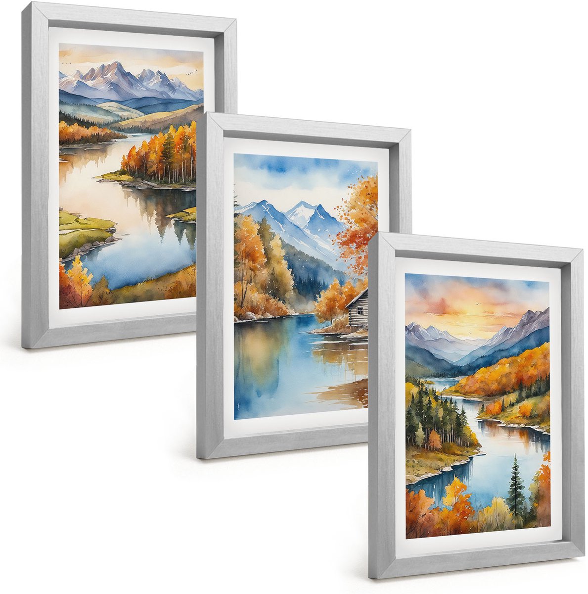 Tulup 4-Delige Schilderij Set - Herfstlandschap in de bergen met een rivier en een huisje aan het water. - 20 x 30 cm - Decoratieve Muurdecoratie - Slaapkamer - Decoratieve Schilderijen