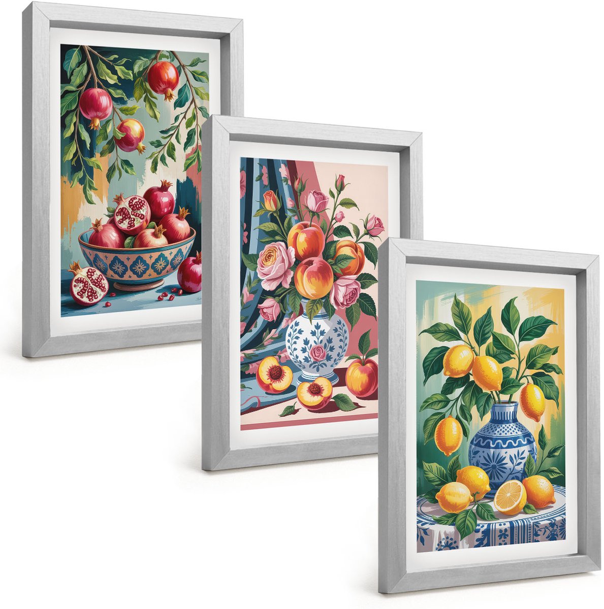 Tulup 4-Delige Schilderij Set - Geschilderde bloemen en fruit in vazen - 20 x 30 cm - Moderne Wanddecoratie - Woonkamer