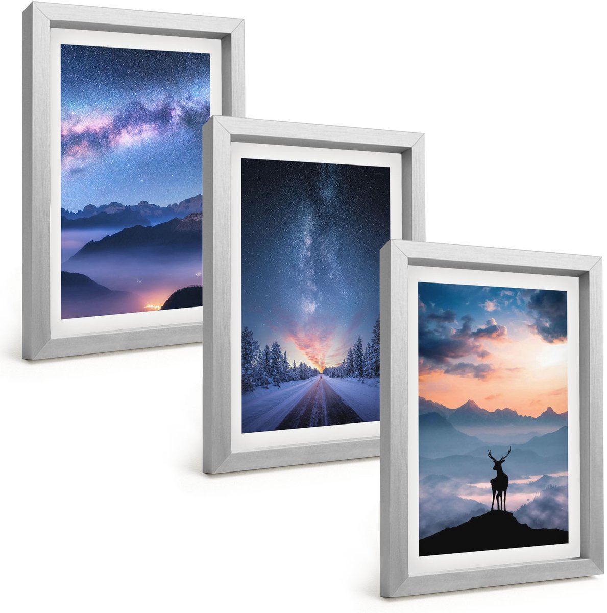 Tulup 4-Delige Schilderij Set - Nachtelijke hemel, berglandschappen in de mist en herten - 20 x 30 cm - Wanddecoratie - Woonkamer Decoratie - Moderne Wanddecoratie