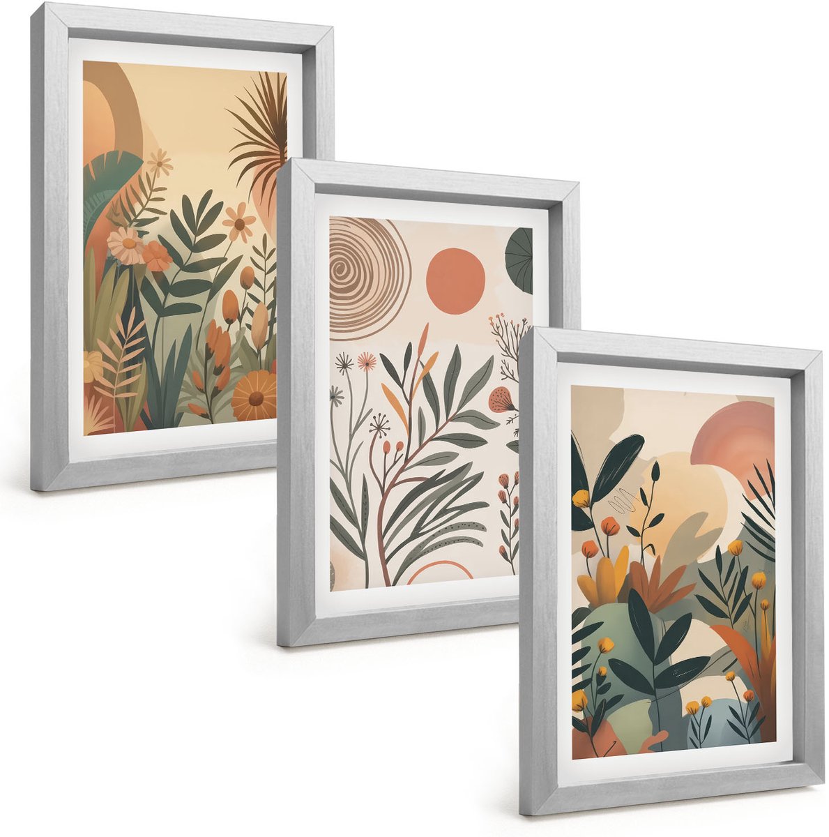 Tulup 4-Delige Schilderij Set - Plantmotieven in gedempte kleuren met cirkels. - 20 x 30 cm - Muurdecoratie - Schilderijen Set - Woonkamer - Interieur Decoratie