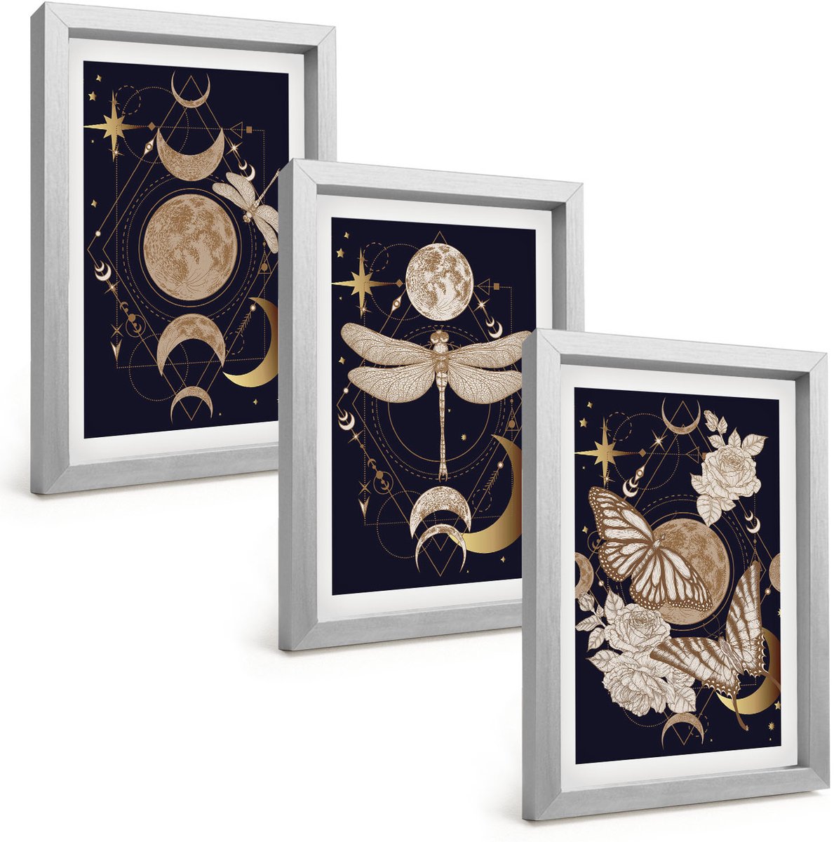 Tulup 4-Delige Schilderij Set - Natuurthema's met de maan, de ruimte en bloemen. - 20 x 30 cm - Muurdecoratie - Interieur Decoratie - Wanddecoratie