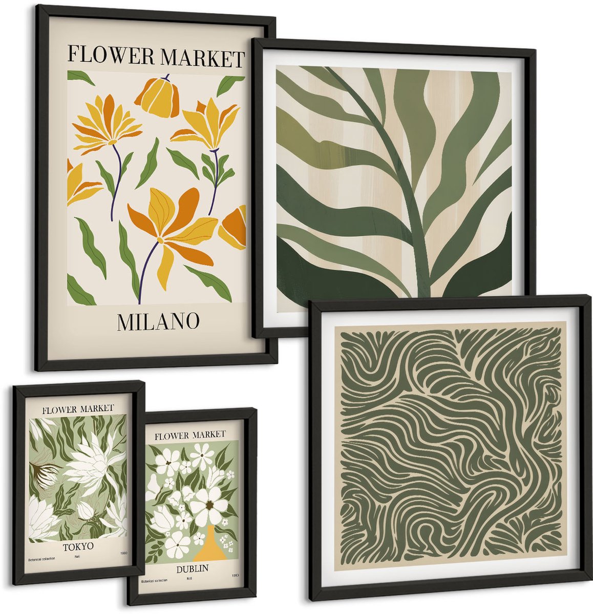 Tulup 4-Delige Schilderij Set - Plantaardige bloemmotieven in een moderne en minimalistische stijl. - 50 x 50 cm, 20 x 30 cm en 40 x 60 cm - Stijlvolle Wanddecoratie - Interieur - Decoratieve Schilderijen
