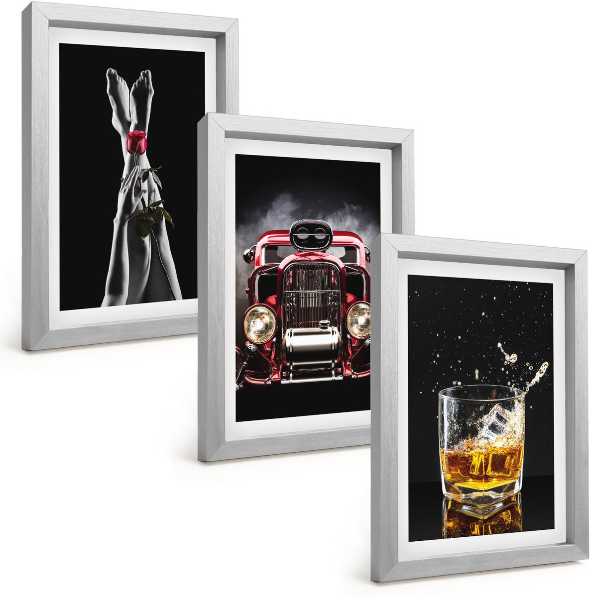Tulup 4-Delige Schilderij Set - Vrouwenbenen met roos, oude auto, glas whisky - 20 x 30 cm - Stijlvolle Muurdecoratie - Slaapkamer