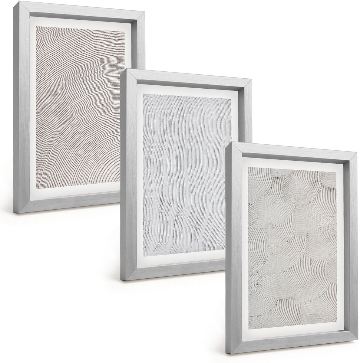 TULUP 4-Delige Schilderij Set - Patronen in het zand: lineaire geometrische structuren - 20 x 30 cm - Stijlvolle Muurdecoratie - Kantoor - Decoratieve Schilderijen Zilveren lijst