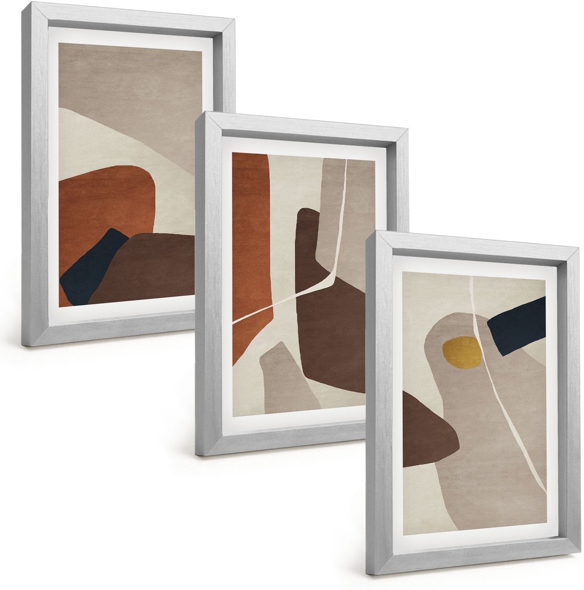 TULUP 4-Delige Schilderij Set - Abstracte boho-schildervormen in moderne stijl - 20 x 30 cm - Moderne Wanddecoratie - Slaapkamer - Woonkamer Decoratie Zilveren lijst