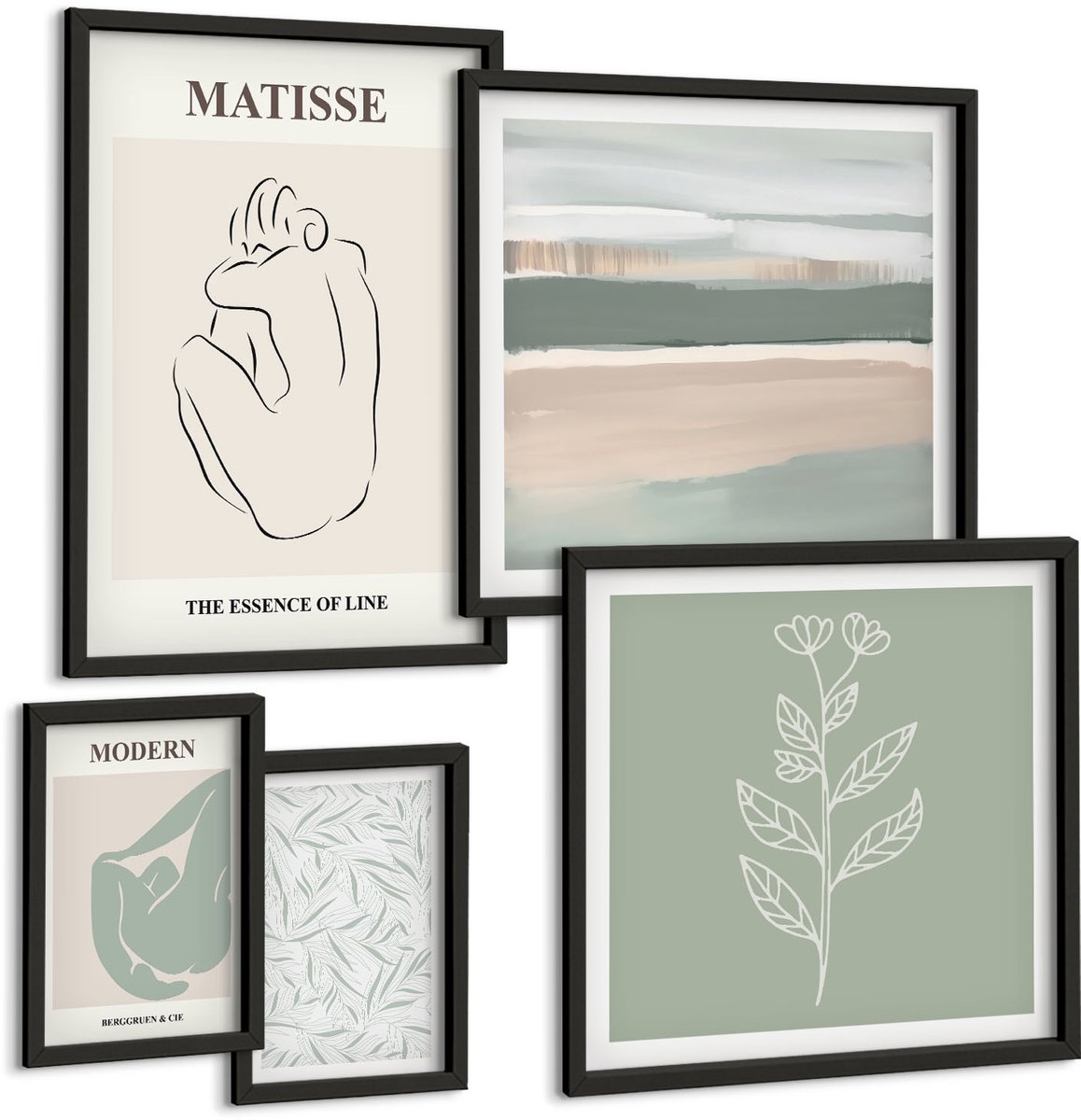 Tulup 4-Delige Schilderij Set - Stijlvolle, minimalistische afbeeldingen met plant- en lijnmotieven. - 50 x 50 cm, 20 x 30 cm en 40 x 60 cm - Wanddecoratie - Schilderijen Set - Kantoor