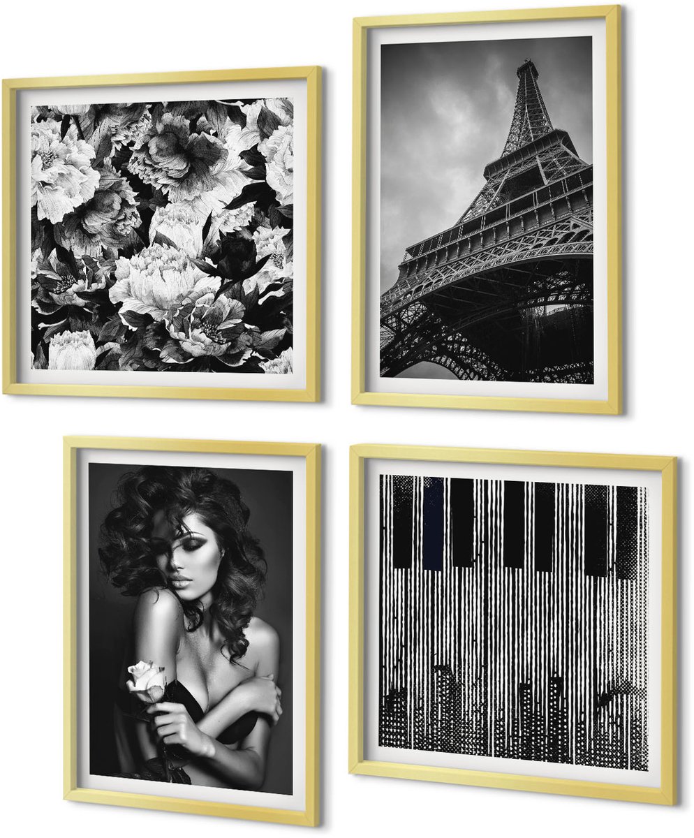 Coloray 4-Delige Schilderij Set - Portret van een vrouw met een roos Eiffeltoren Abstracte werken - 40 x 40 cm en 40 x 60 cm - Wanddecoratie - Schilderijen Set - Kantoor - Stijlvolle Muurdecoratie