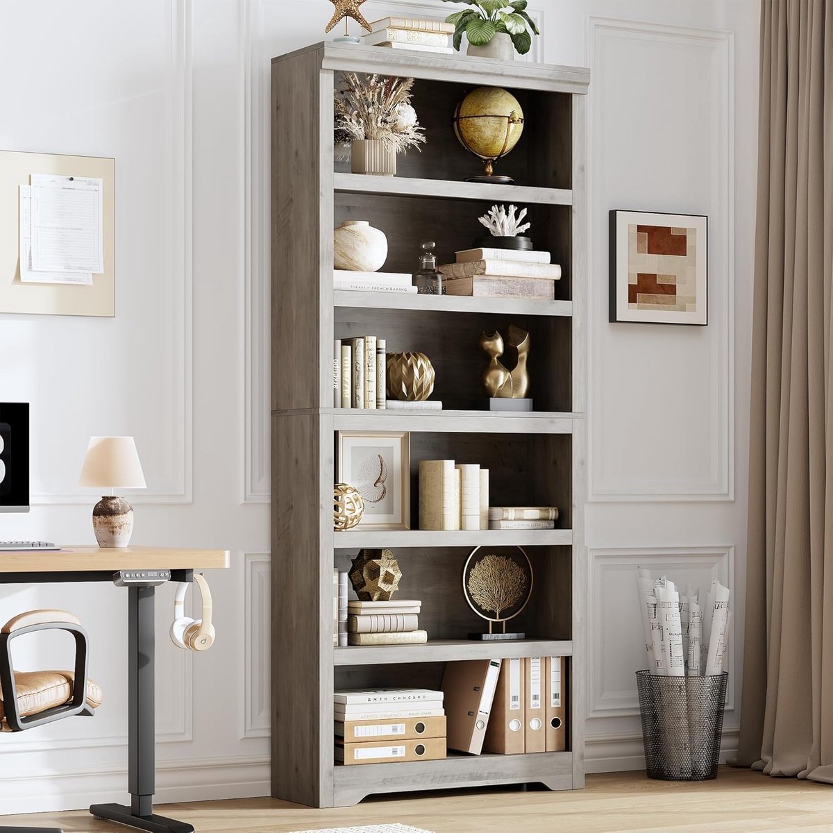Hoge Boekenkast 6 Lagen - 80x29.5x190cm - Boekenkast Vintage - Verstelbare Planken - Kantelbeveiliging - Open Opbergkast - Voor Woonkamer Kantoor - Grijs