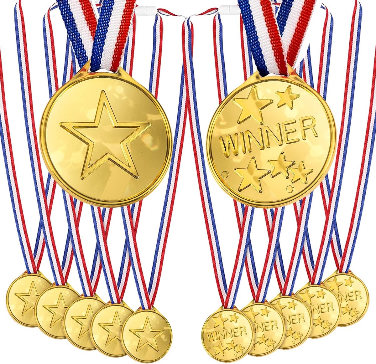 OWill 12 Pack Gold Plastic Winner Medals with Ribbon Necklaces for Talent Show and Spelling Bee, Gymnastics Birthday - ShopVlot