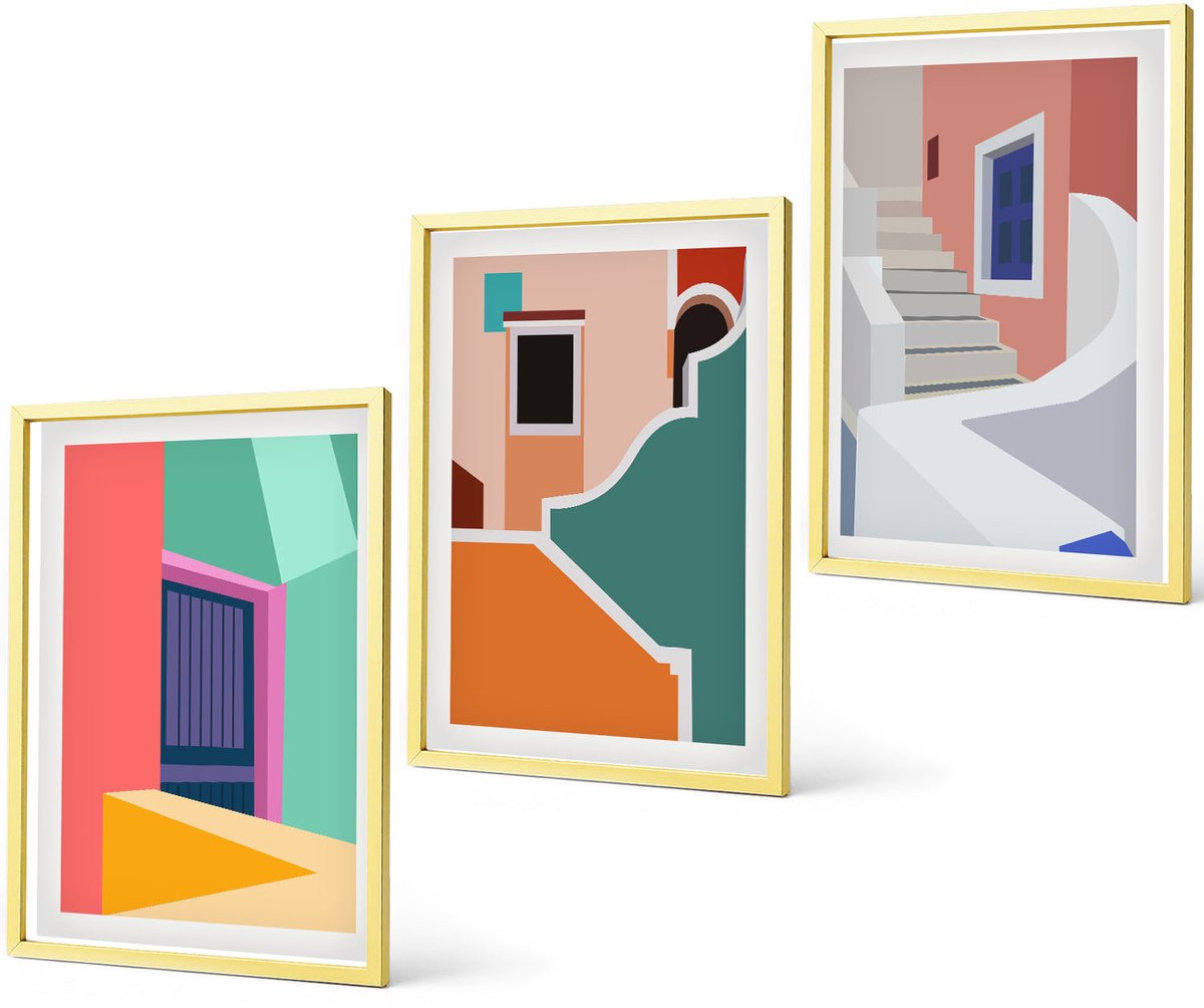 Coloray 3-Delige Schilderij Set - Kleurrijke Illustraties Van Gebouwen In Een Moderne Stijl. - 40 x 40 cm En 40 x 60 cm - Stijlvolle Wanddecoratie - Interieur - Interieur Decoratie