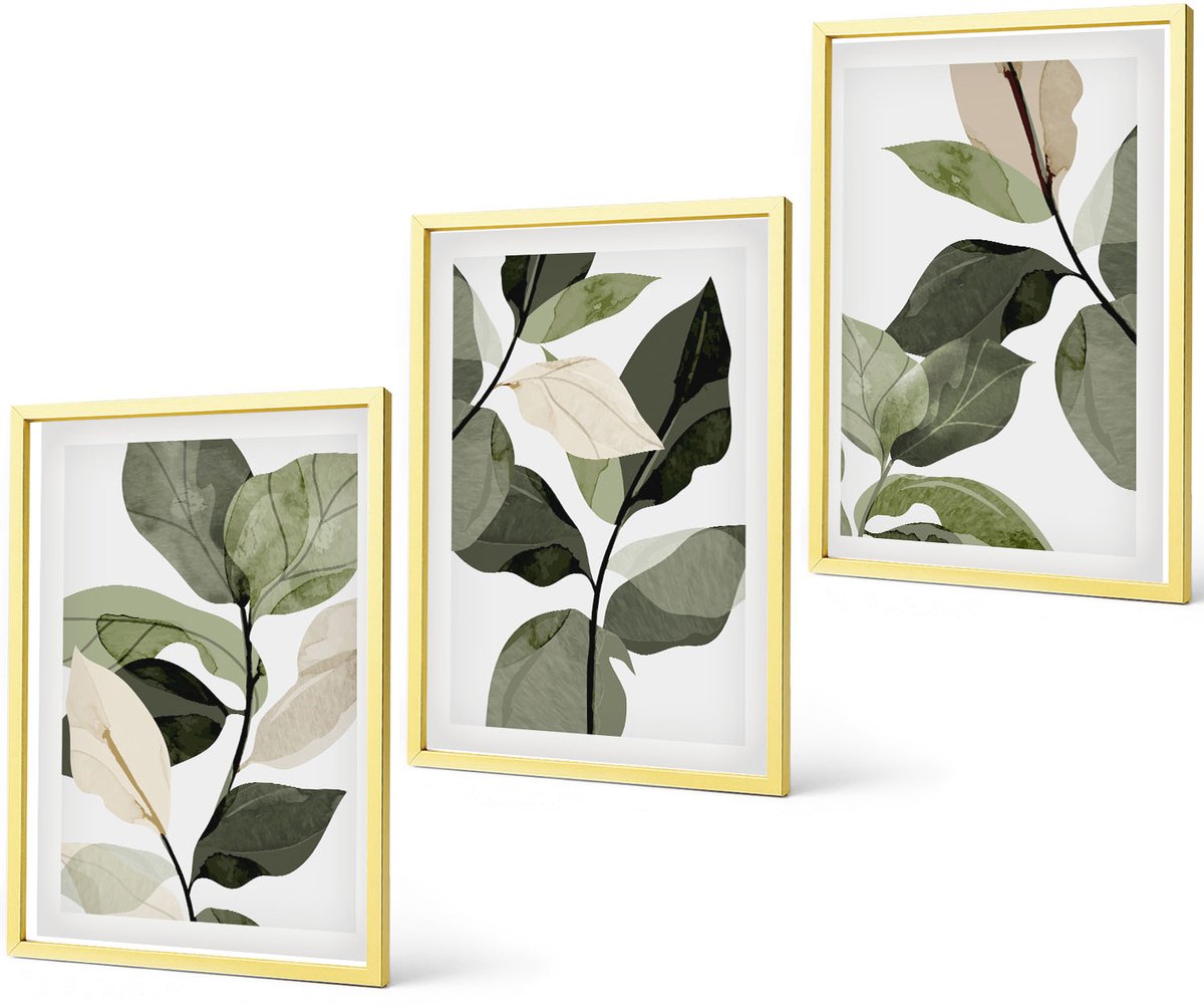 Coloray 3-Delige Schilderij Set - Geschilderde Bladeren En Abstracte Vormen - 40 x 40 cm En 40 x 60 cm - Decoratieve Schilderijen - Wanddecoratie - Hal