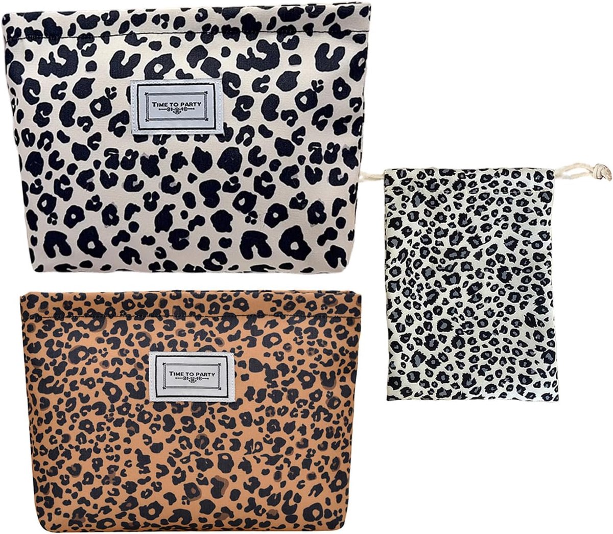 2 Dames Leopard Print Cosmetische Tassen, 1 Leopard Print Koord Tas, Kleine Opslagruimte Voor Toiletartikelen, Grote - ShopVlot