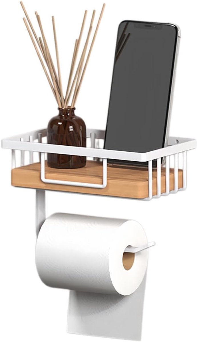 Witte Toiletrolhouder met Houten Plankje - Wandmontage zonder Boren - Toiletpapierhouder voor Badkamer en Toilet