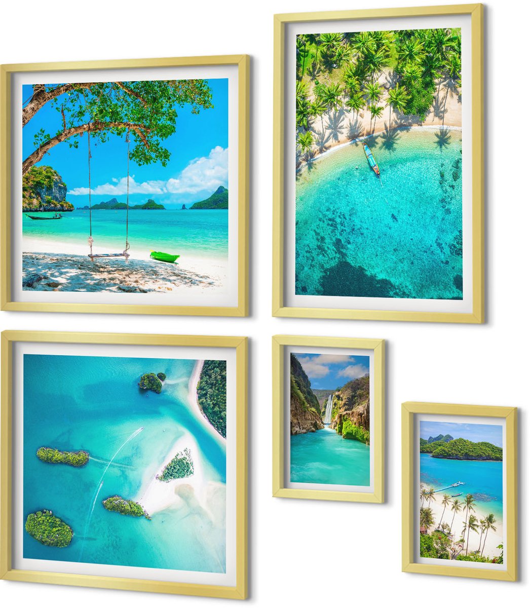 Coloray 5-Delige Schilderij Set - Tropische Stranden, Paradijselijke Uitzichten, Kristalhelder Water. - 50 x 50 cm, 20 x 30 cm En 40 x 60 cm - Muurdecoratie - Schilderijen Set - Woonkamer - Moderne Wanddecoratie