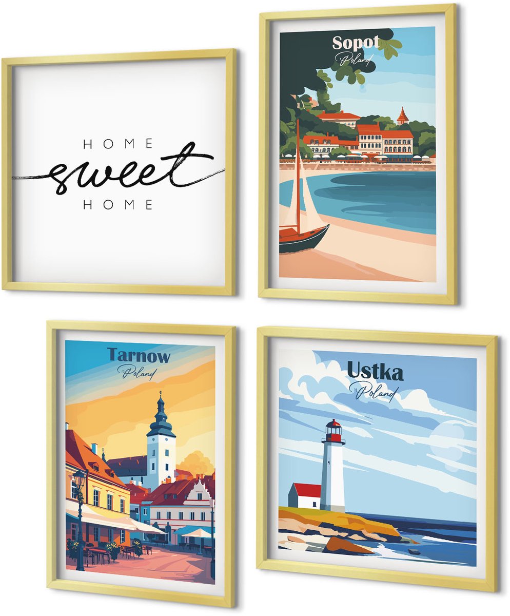 Coloray 4-Delige Schilderij Set - Uitzicht op de Poolse steden Ustka Tarnów Sopot - 40 x 40 cm en 40 x 60 cm - Wanddecoratie - Muurdecoratie - Moderne Interieurdecoratie - Interieur Decoratie
