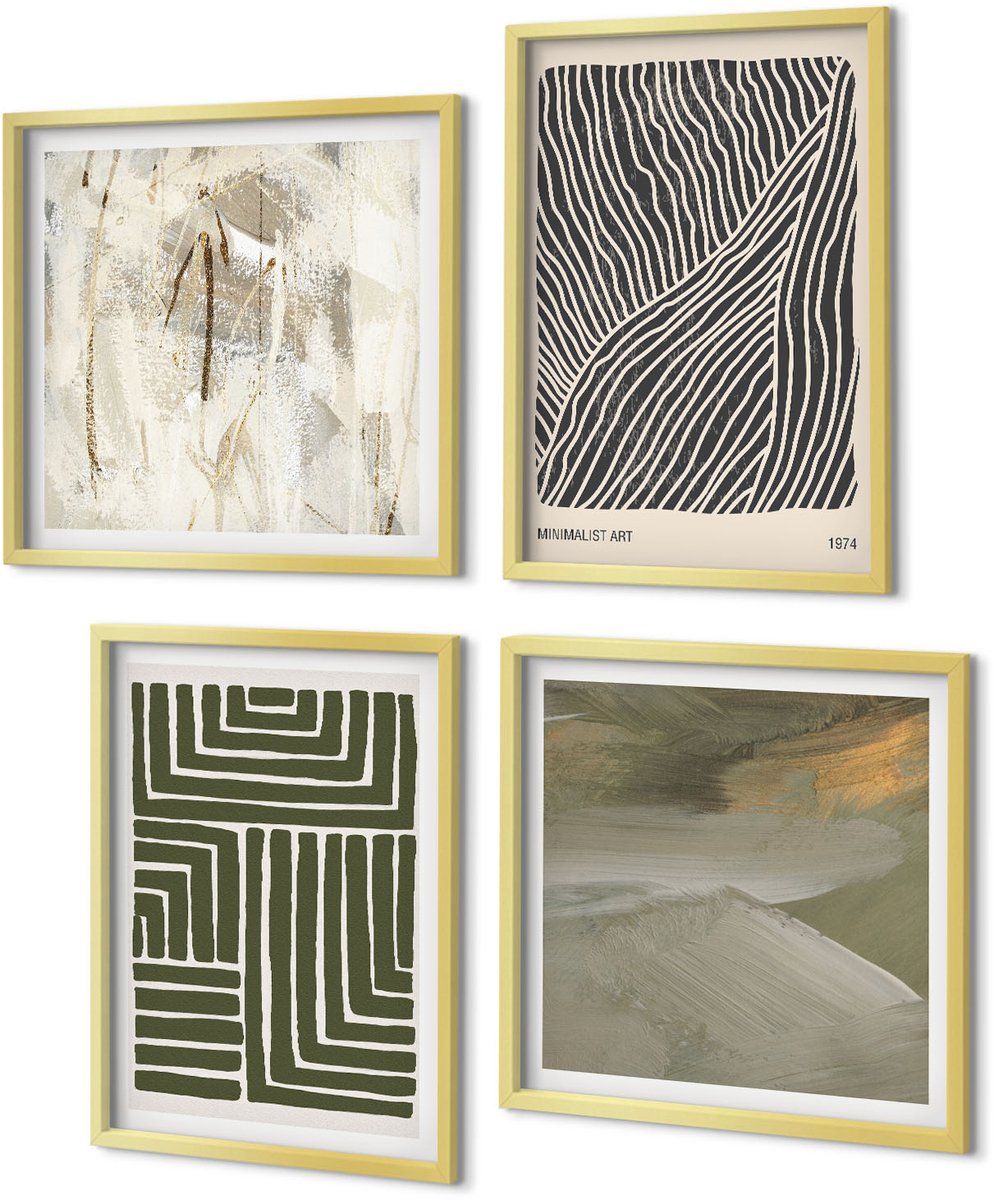 Coloray 4-Delige Schilderij Set - Patronen van lijnen en vormen in groene tinten - 40 x 40 cm en 40 x 60 cm - Schilderijen Set - Wanddecoratie - Woonkamer - Woonkamer Decoratie