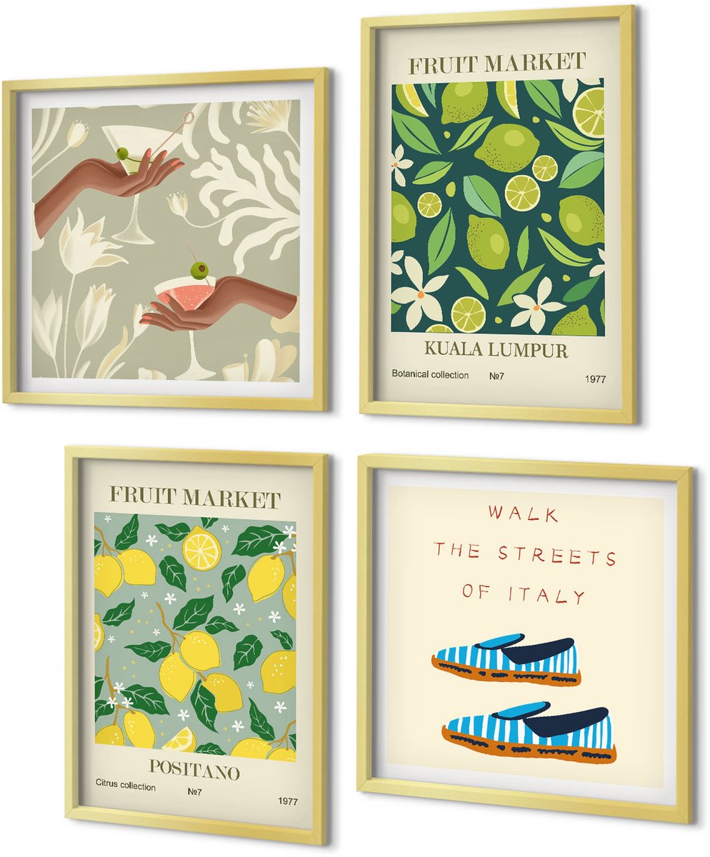 Coloray 4-Delige Schilderij Set - Fruitpatronen Italiaanse cultuurposters - 40 x 40 cm en 40 x 60 cm - Decoratieve Muurdecoratie - Slaapkamer - Moderne Wanddecoratie
