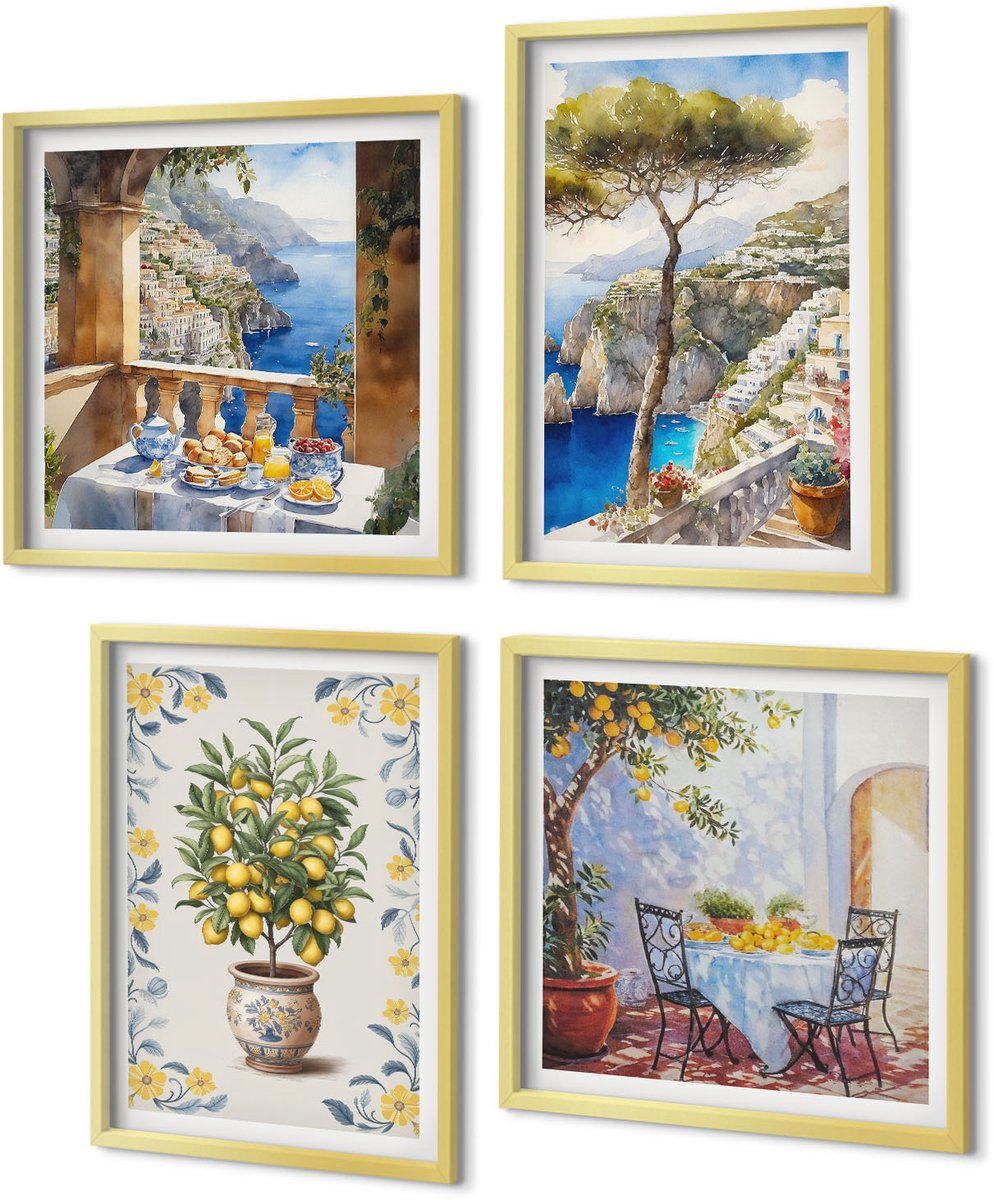 Coloray 4-Delige Schilderij Set - Zeegezicht met citroenbomen - Italiaanse schilderijen - 40 x 40 cm en 40 x 60 cm - Schilderijen Set - Wanddecoratie - Woonkamer - Decoratieve Schilderijen