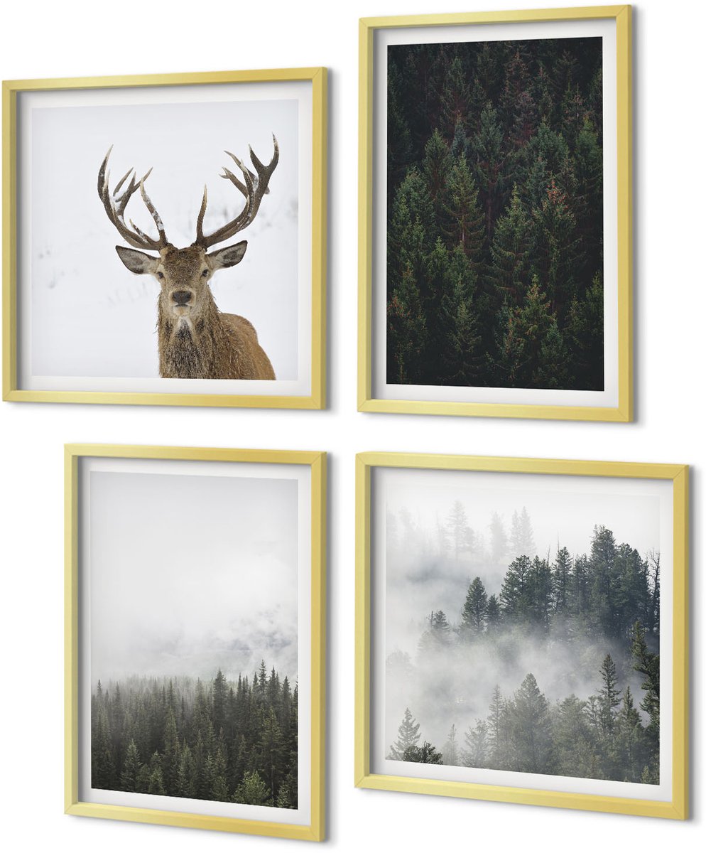 Coloray 4-Delige Schilderij Set - Groene bossen in een mistige natuurlijke omgeving - 40 x 40 cm en 40 x 60 cm - Stijlvolle Wanddecoratie - Interieur - Muurdecoratie