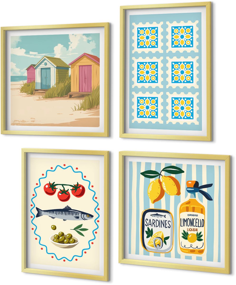 Coloray 4-Delige Schilderij Set - Illustraties van keukens in mediterrane stijl - 40 x 40 cm en 40 x 60 cm - Wanddecoratie - Schilderijen Set - Interieur - Muurdecoratie