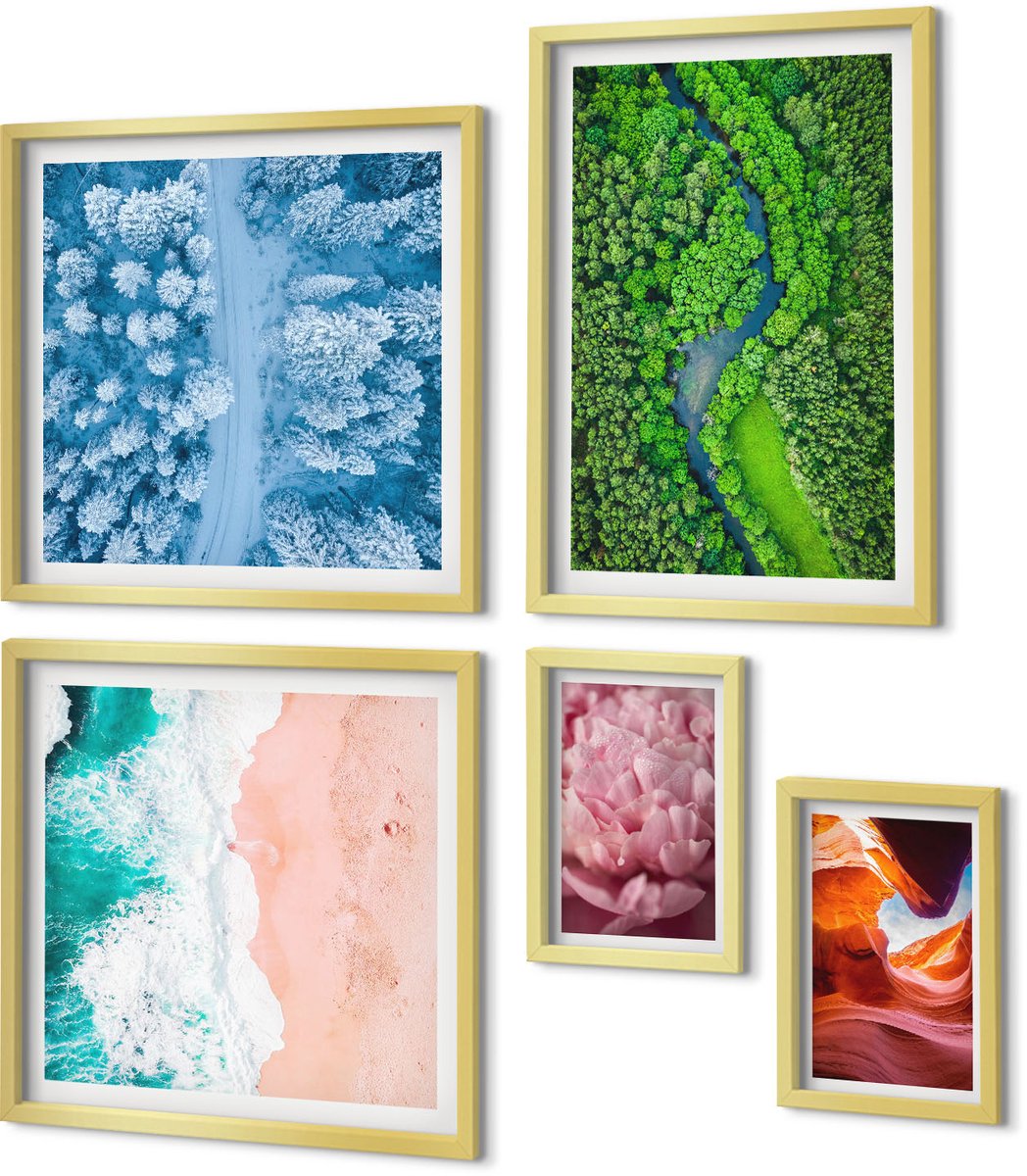 Coloray 5-Delige Schilderij Set - Natuurlijke Groene Landschappen In Harmonieuze Combinatie - 50 x 50 cm, 20 x 30 cm En 40 x 60 cm - Schilderijen Set - Wanddecoratie - Woonkamer - Stijlvolle Muurdecoratie