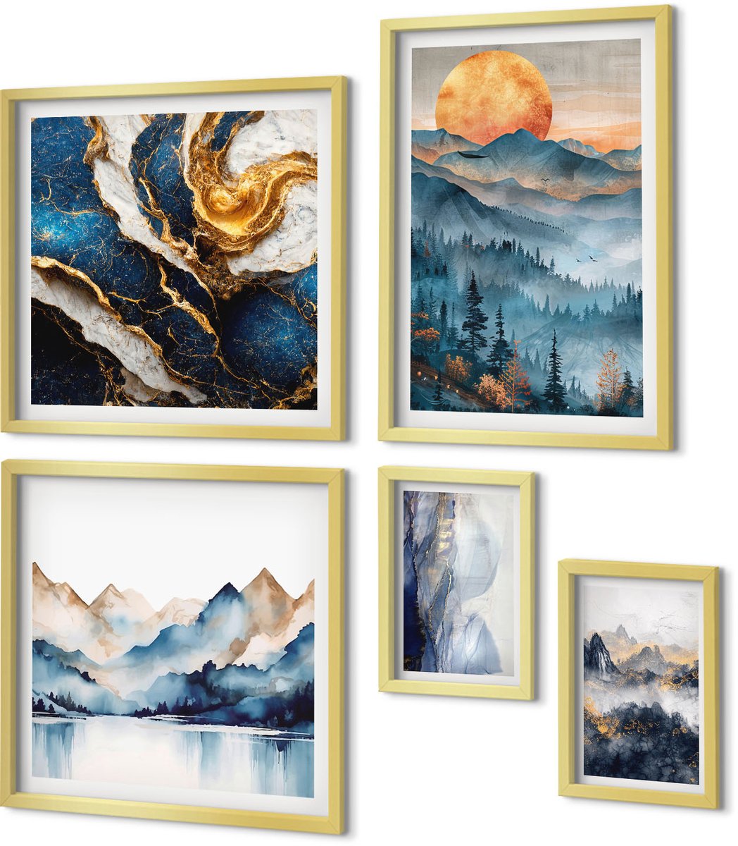 Coloray 5-Delige Schilderij Set - Berglandschappen Met Zonsondergang En Abstractie - 50 x 50 cm, 20 x 30 cm En 40 x 60 cm - Muurdecoratie - Interieur Decoratie