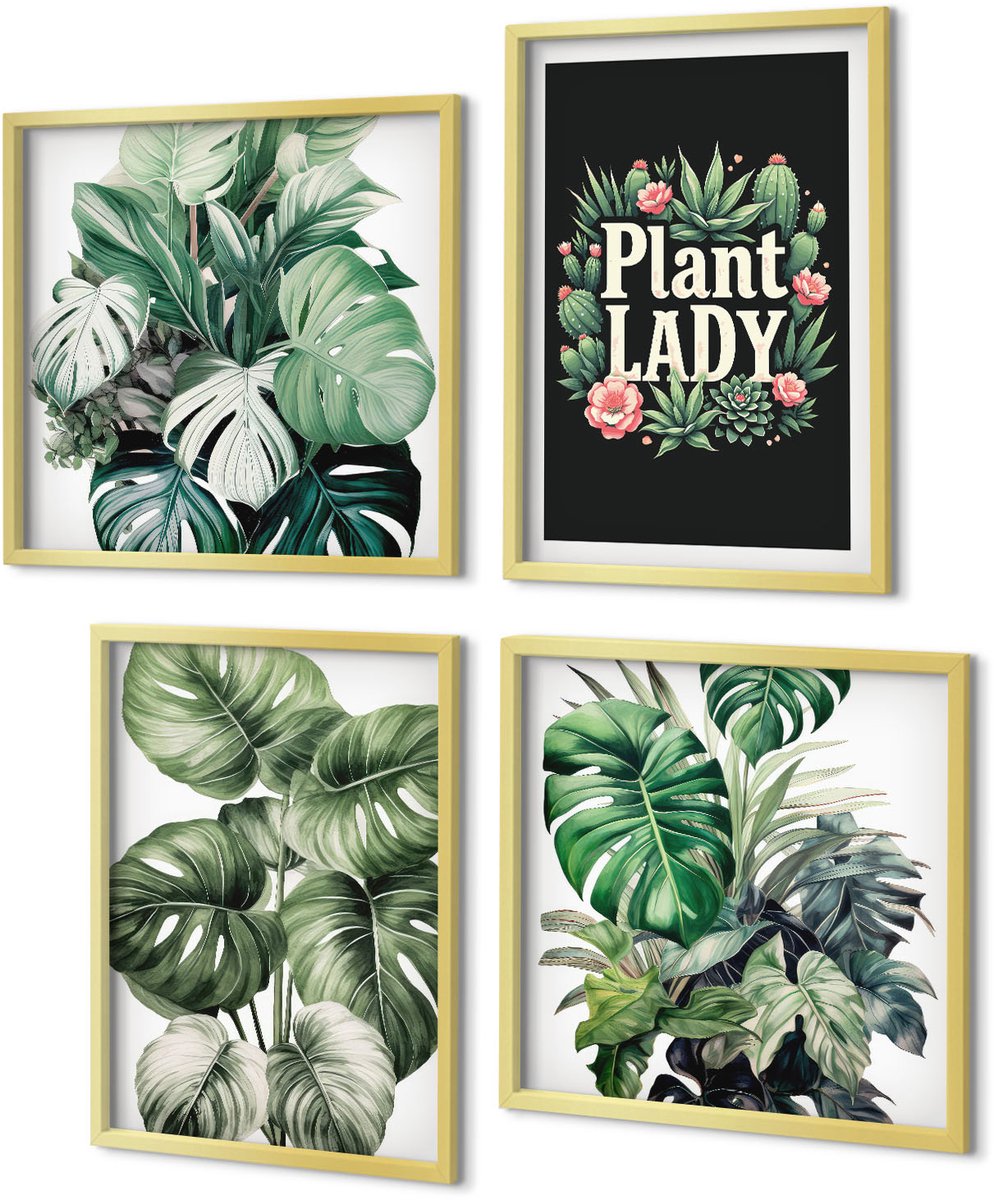 Coloray 4-Delige Schilderij Set - Tropische planten met het opschrift 'Plant Lady' in het groen. - 40 x 40 cm en 40 x 60 cm - Muurdecoratie - Decoratieve Schilderijen - Wohnzimmer - Moderne Wanddecoratie
