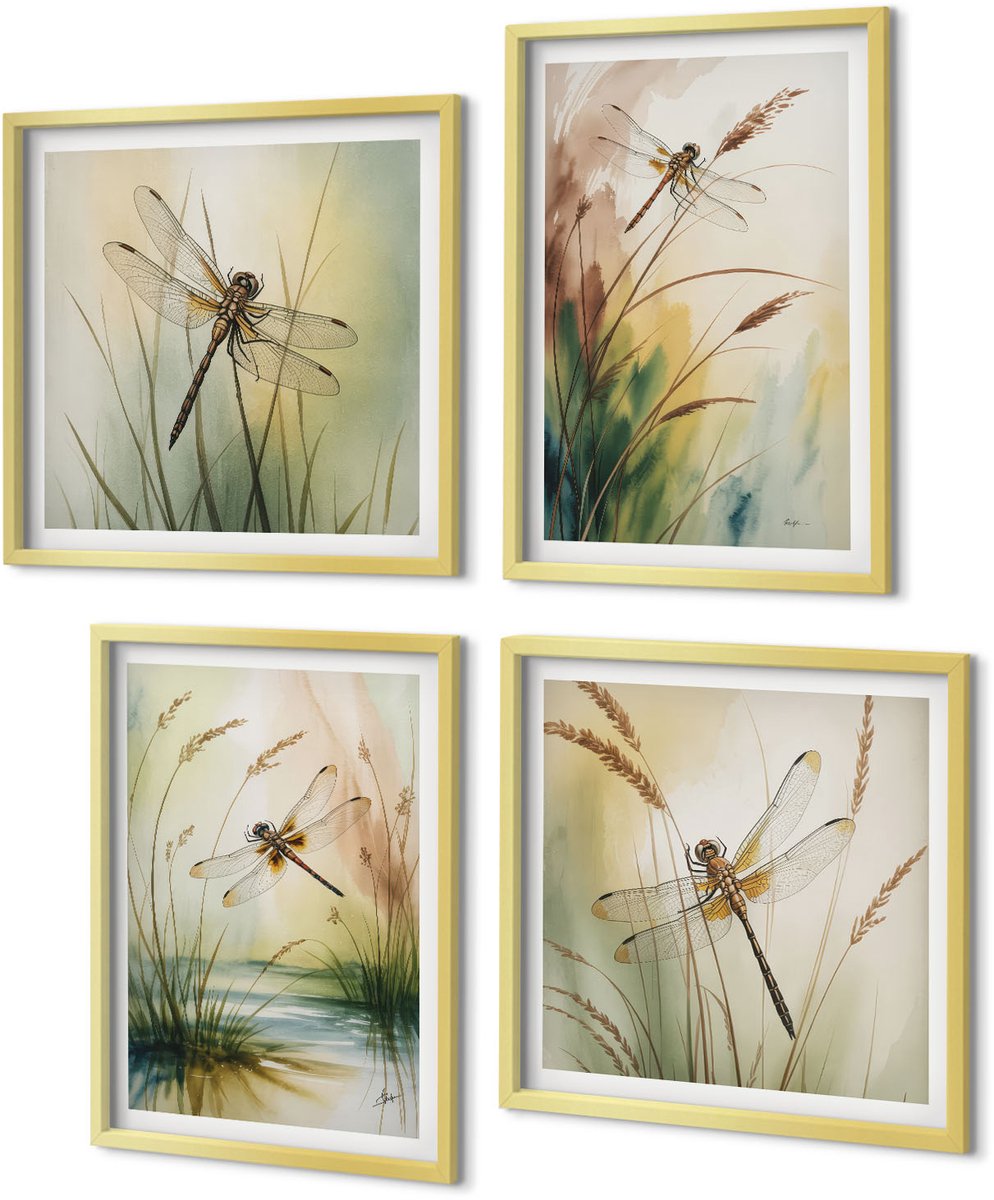 Coloray 4-Delige Schilderij Set - Libellen tussen het gras bij het water in een schilderachtige stijl. - 40 x 40 cm en 40 x 60 cm - Decoratieve Schilderijen - Woonkamer - Interieur - Moderne Wanddecoratie