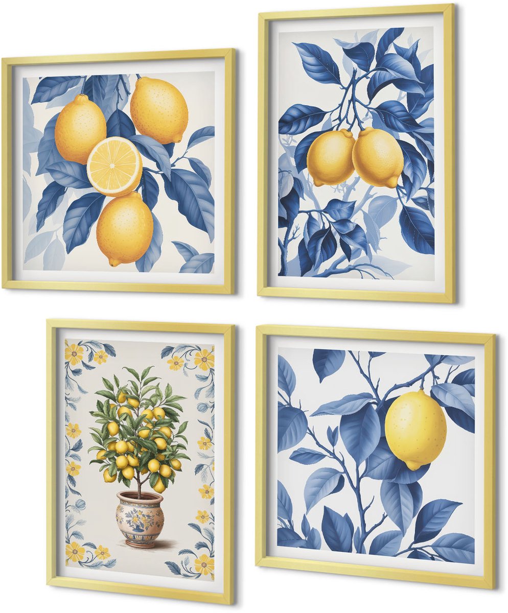 Coloray 4-Delige Schilderij Set - Citroenen aan takken met blauwe bladeren. - 40 x 40 cm en 40 x 60 cm - Wanddecoratie - Muurdecoratie - Moderne Interieurdecoratie