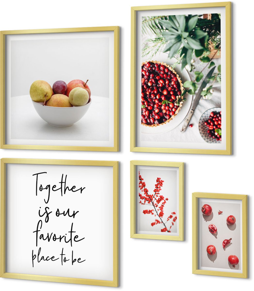 Coloray 5-Delige Schilderij Set - Fruitcomposities Met Plantmotieven En Tekst - 50 x 50 cm, 20 x 30 cm En 40 x 60 cm - Muurdecoratie - Wanddecoratie - Slaapkamer - Woonkamer Decoratie