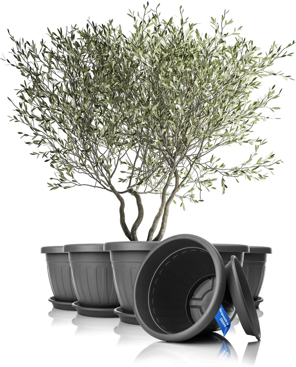 Famanu – Set van 6 bloempotten met onderzetter, rond, ø50 x cm, antraciet, weerbestendige plantenbak, geschikt voor binnen en buiten
