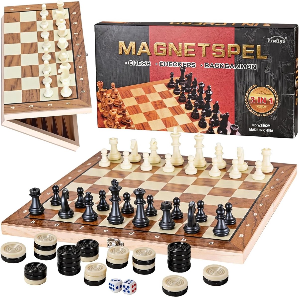 Schaakstenen - Hout - 29 x 29 cm - 3-in-1 Opvouwbaar Schaakspel voor Reizen en Familiebijeenkomsten